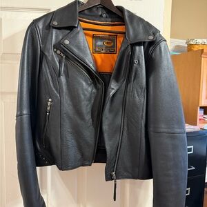 Glossy Black Leather Motorcycle Jacket with Asymmetrical Zipper and Studs
